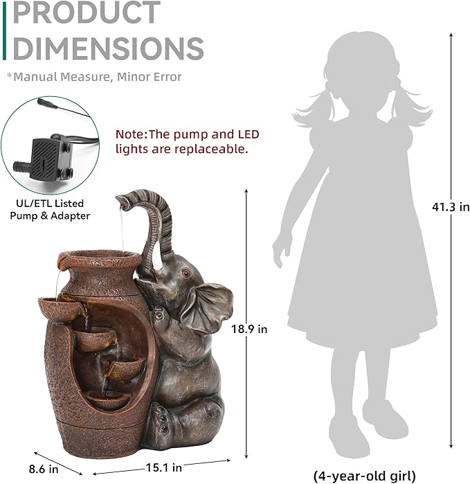 Elephant Outdoor Water Fountain with LED Lights and Pump, 18.9" Tall Resin Garden Waterfall Feature for Patio, Porch, Yard