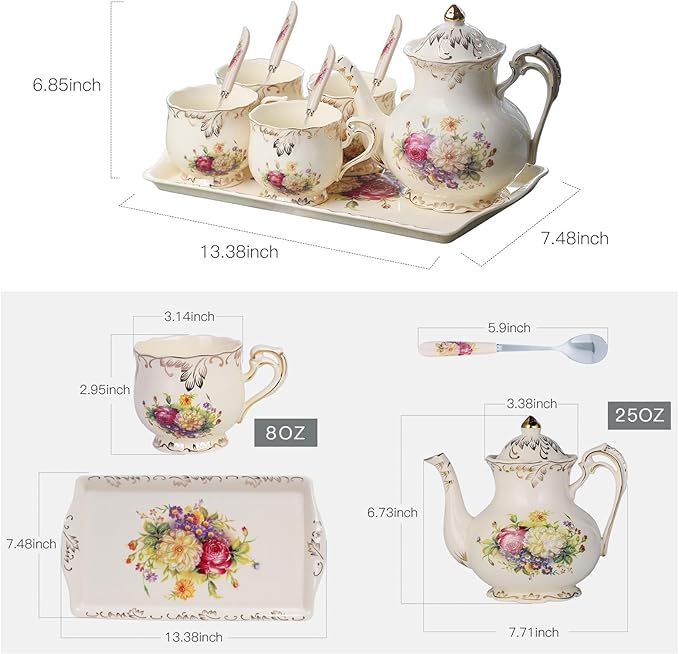 YOLIFE Porcelain Tea Set, Vintage Flowering Shrubs Teapot and Cups Set for Tea Party, Birthday Gifts for Mom Adults Women Wedding - Bloomnest