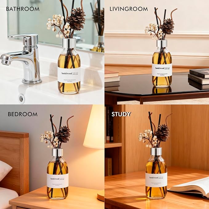 Clesh Reed Diffuser Set, 6.7 oz Sandalwood Scented Diffuser with Sticks, Home Fragrance Reed Diffuser for Bathroom Shelf Decor - Bloomnest