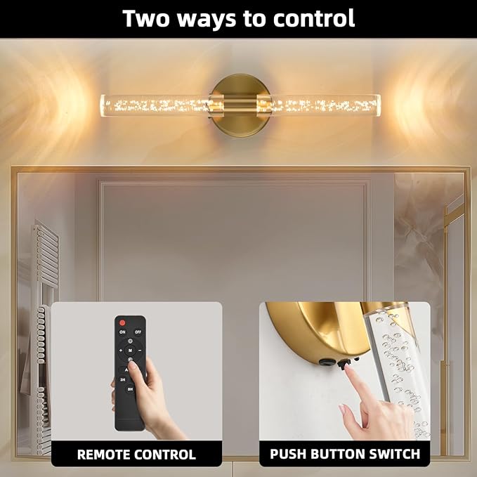 Battery Operated Wall Sconces Set of Two, Gold 20'' Rechargeable Crystal Bubble Wall Sconce with Remote Control, 3000K-6000K Dimmable LED Wireless Wall Lights for Living Room Bedroom Bathroom Hallway - Bloomnest