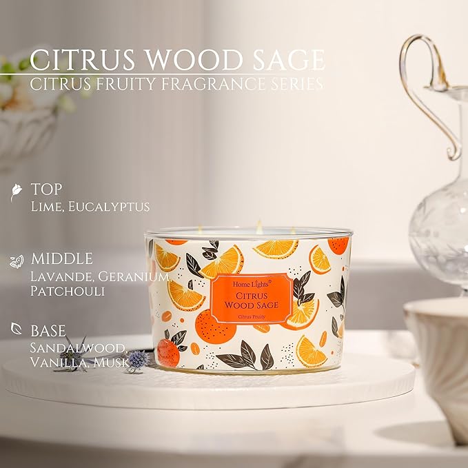 HomeLights Citrus Wood Sage Scented Candles | 18oz Soy Candles Eclectic Mixed Styles 4-Wick Large Candle Jars | Ideal Candle Gifts for Events, Home Decor Stress, Relief & Relaxation - Bloomnest