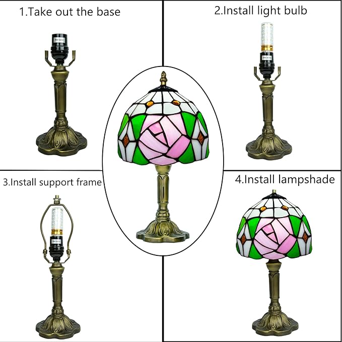 Pink Rose Tiffany Lamp, 8 Inch Small Stained Glass Lamp for Bedside, Bedroom, Living Room - Bloomnest