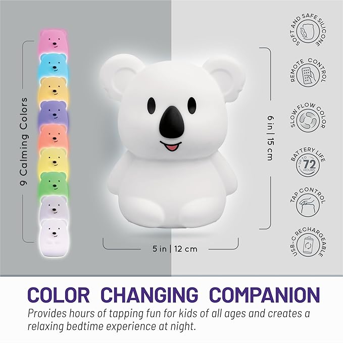 LumiPets Keith the Koala Squishy Night Light for Kids | Silicone Lamp with Tap & Remote Control | Rechargeable, 9 Color Changing Animal Night Light for Boys & Girls | Portable Nightlight With USB Cord - Bloomnest