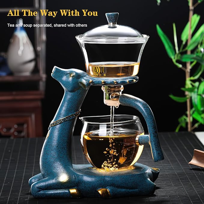 Kungfu Magic Deer Tea Set Glass Magnetic Teapot Semi-Automatic Water Guide Magnetic Teapot with Infuser Heat-Resistant Glass Magic Deer Tea Pot Magic Tea Set Perfect of Holiday Gifts (Blue)