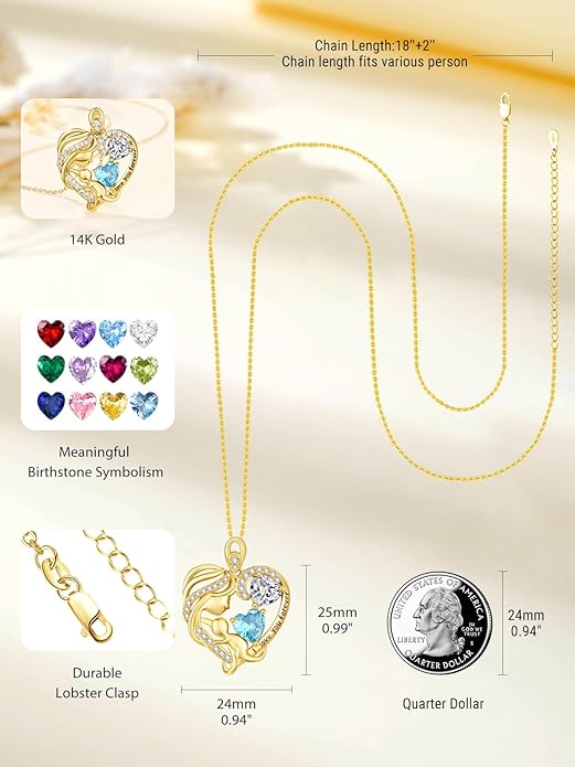 14K Gold Double Birthstone Heart Necklace for Women Mom, Mother Son/Daughter Pendant Necklace for Christmas Mother's Day Birthday Gifts for Wife Daughter Grandmom - Bloomnest