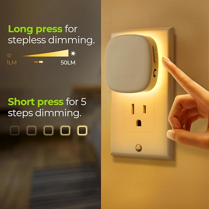 AUVON Plug-in LED Backlit Night Light with Motion Sensor & Dusk to Dawn Sensor, Dimmable Warm White Nightlight with 1-50 lm Adjustable Brightness for Bedroom, Bathroom, Stairs, Hallway (4 Pack) - Bloomnest