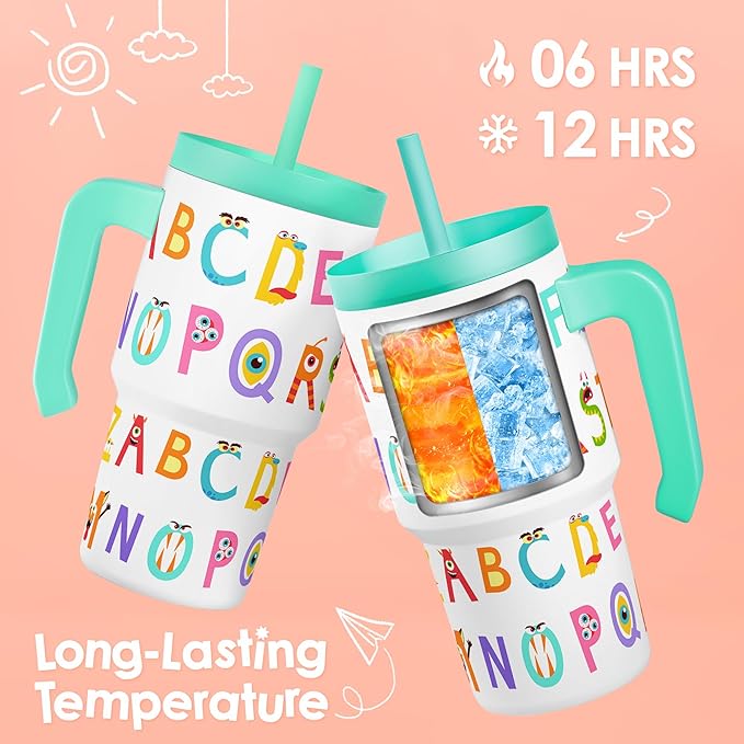 Alphabet Tumbler 20oz with Handle and Silicone Straw Lid for Kid, Insulated Stainless Steel Cup with Monster Design, Gift for Kids Girls Boys, Gifts Idea for Birthday Christmas Back to School - Bloomnest