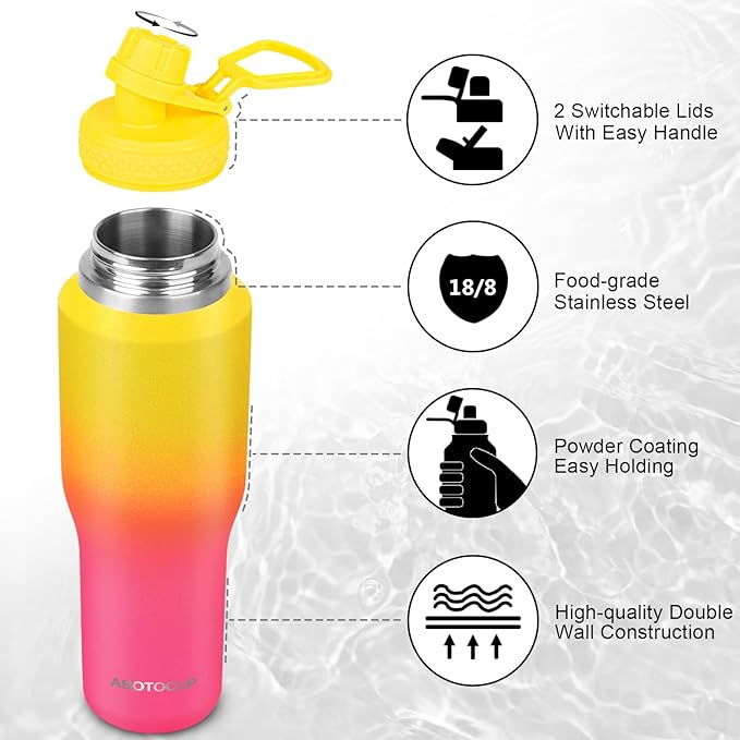32oz Insulated Water Bottle, Fit in Any Car Cup Holder, Water Bottle with Straw Lids, Stainless Steel Insulated Water Flask Double Wall Leak-proof BPA Free to Keep Cold&Hot - Bloomnest