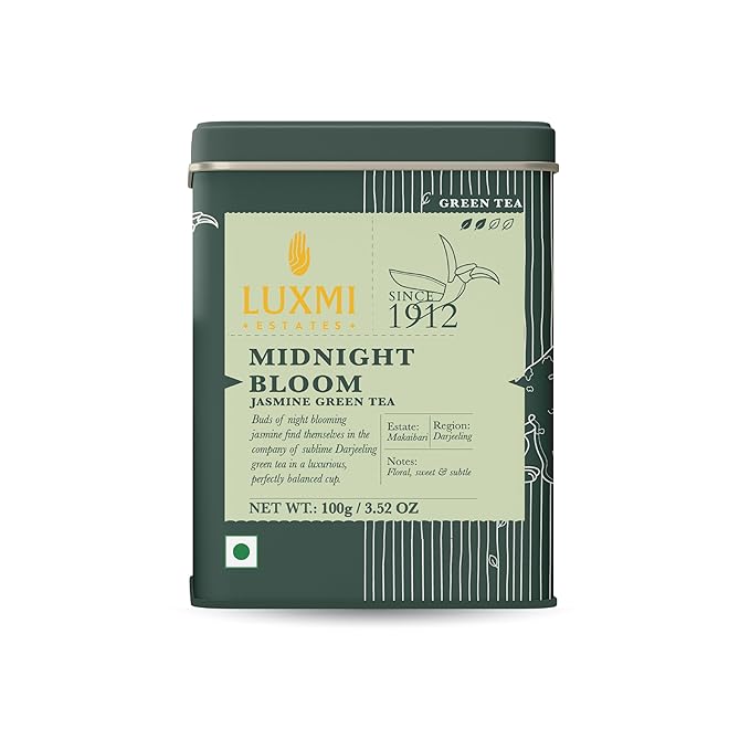 Luxmi Estates, Midnight Bloom, Organic Jasmine Tea (Loose Leaf 100g) Jasmine and Darjeeling Green Tea for Energy with no Jitters, Natural Aid Relieve Stress, Improved Mental Clarity and Immunity - Bloomnest