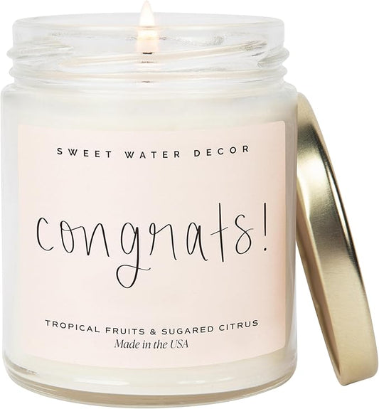 Sweet Water Decor, Congrats! Candle - New Job, Engagement, Graduation Gift - Tropical Fruits and Sugared Citrus Island Scented Soy Wax Candle - 9oz Clear Jar, 40 Hour Burn Time, Made in The USA - Bloomnest
