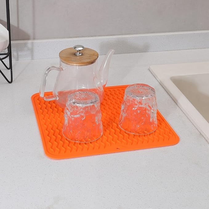 Silicone Dish Drying Mat for Multiple Usage,Easy clean,Eco-friendly,Heat-resistant Silicone Mat for Kitchen Counter or Sink,Refrigerator or Drawer liner Orange M 12 inches x 12 inches - Bloomnest