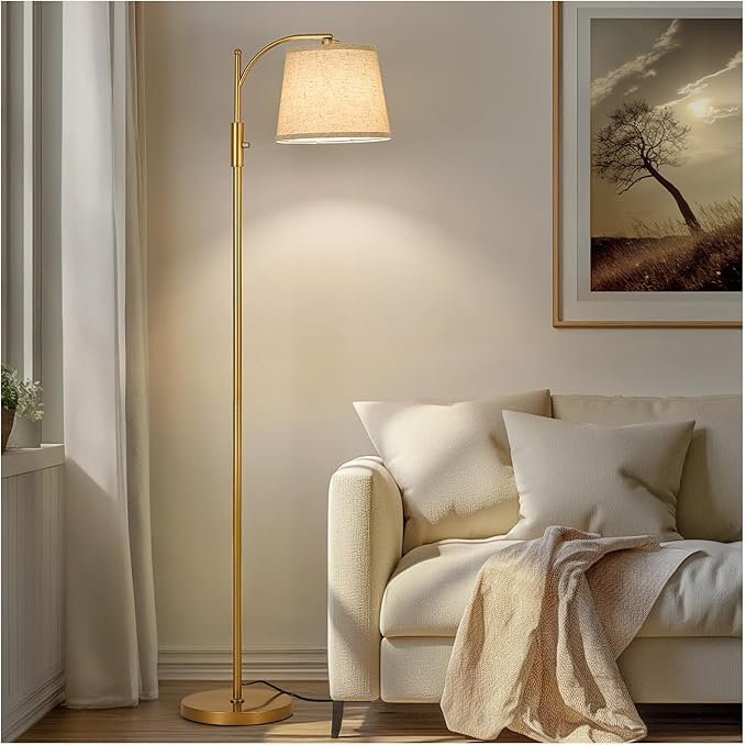 AIDENOEY Fully Dimmable Floor Lamp for Living Room，Standing Lamp Rotary Switch with Linen Beige Shade，Golden Tall Lamps for Bedroom with Adjust Head，9W LED Bulb Included - Bloomnest