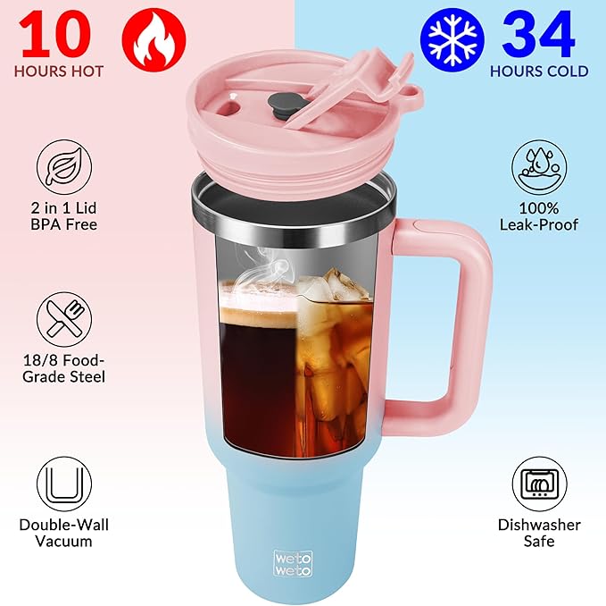 WETOWETO 40oz Tumbler with Handle | Insulated Stainless Steel Travel Mug | 34Hrs Cold & 10Hrs Hot Retention | 100% Leakproof Lid & Straw | Dishwasher Safe + Car Cup Holder Fit (Pink-Blue Gradient) - Bloomnest