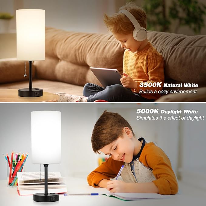Dicoool 17Inch Tall Bedroom Lamps with USB C and A Ports 3 Color Temperatures - Pull Chain White Nightstand Bedside Table Lamp with AC Outlet, Side Lamp for Living Room End Table - Bloomnest