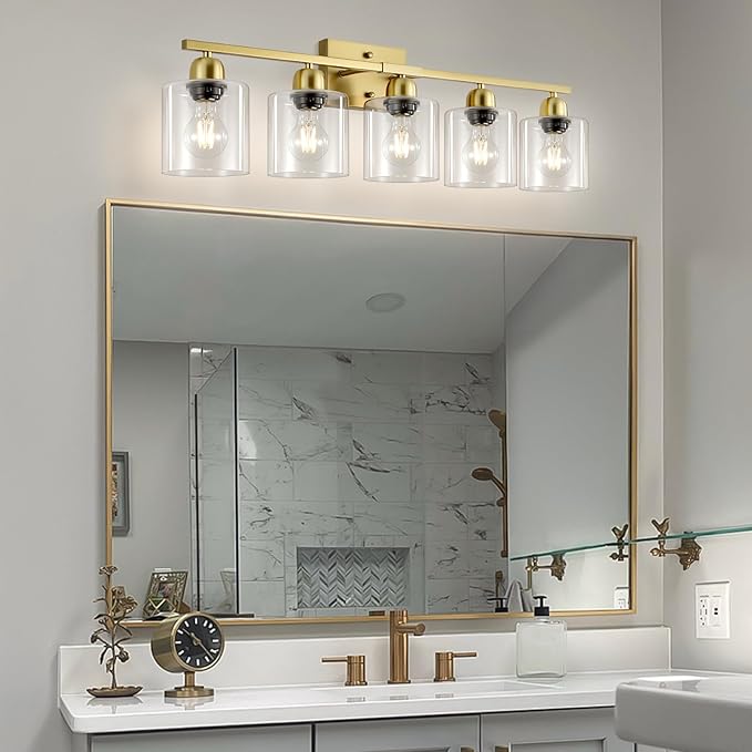 Modern Brushed Gold 5 Light Bathroom Vanity Light,31 inch Vanity Lights for Bathroom with Clear Glass for Mirror Kitchen Living Room Hallway Cabinet Porch - Bloomnest