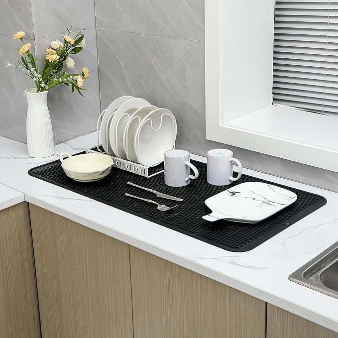 Silicone Dish Drying Mat for Multiple Usage,Easy clean,Eco-friendly,Heat-resistant Silicone Mat for Kitchen Counter or Sink,Refrigerator or Drawer Liner Black 5XL 36inches x 18inches - Bloomnest