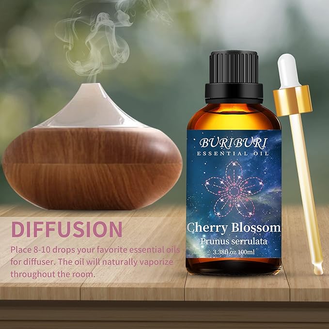 BURIBURI Cherry Blossom Essential Oil for Aromatherapy Diffuser, Skin, 100% Pure Cherry Blossom Oil 100ML for Candle, Soap, Perfume Making Cherry Fragrance Oil 3.38fl.oz BURIBURI