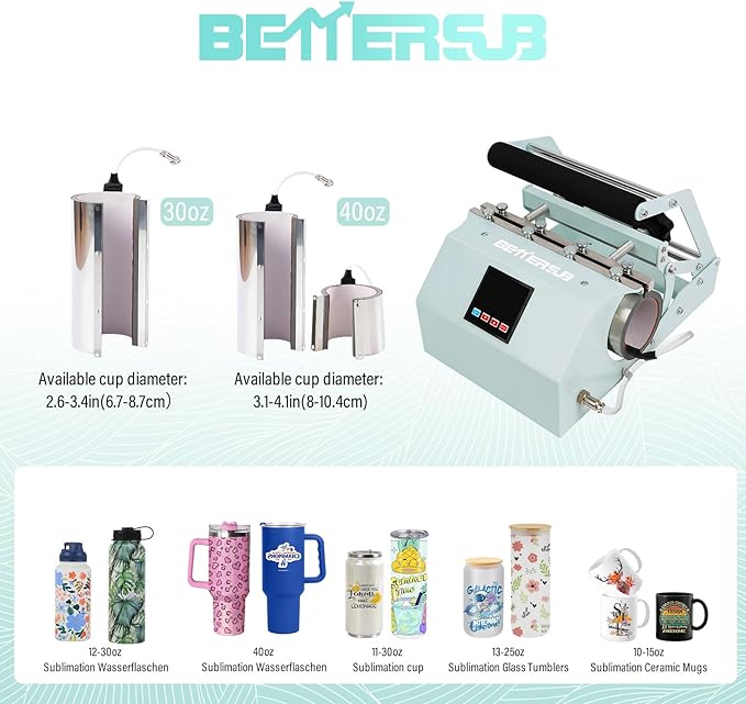 BetterSub 3in1 40 OZ Tumbler Mug Heat Press Machine 30 OZ 20 OZ 16 OZ Sublimation Straight Skinny Tumbler Mug,11 OZ 15 OZ 16 OZ Sublimation Mug Heat Transfer Teal - Bloomnest