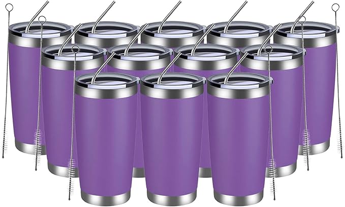 MEWAY 20oz Tumbler 12 Pack Double Wall Vacuum Insulated Travel Mug Bulk, Stainless Steel Tumblers with Lid and Straw, Durable Powder Coated Coffee Cups for Cold & Hot Drinks (Purple, 12) - Bloomnest