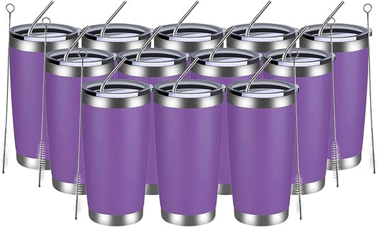 MEWAY 20oz Tumbler 12 Pack Double Wall Vacuum Insulated Travel Mug Bulk, Stainless Steel Tumblers with Lid and Straw, Durable Powder Coated Coffee Cups for Cold & Hot Drinks (Purple, 12) - Bloomnest