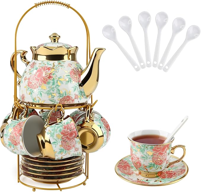 20 Pcs Porcelain Tea Set with Metal Holder, Adult Tea Set Gift, European Ceramic Tea Set for Adults, Flower Tea Cup Saucer Set for Party With Gold Flower Painting (Vibrant Green) - Bloomnest