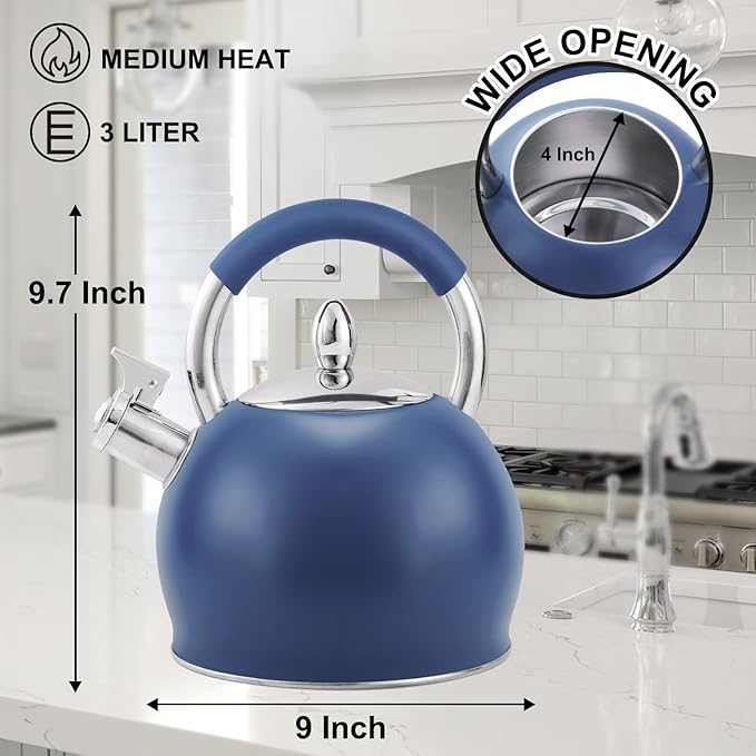 Whistling Tea Kettle for Stove Top Stainless Steel Tea Pot with Ergonomic Silicone Handle Teapot for Stovetop 3.2 Quart / 3 Liter Blue - Bloomnest