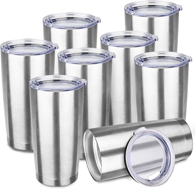 StarSpeed 20oz Tumbler Bulk with Lid, Stainless Steel Insulated Tumblers Double Wall Vacuum Insulated Travel Mug, Powder Coated Coffee Cups for Hot and Cold Drinks(Silver,8) - Bloomnest