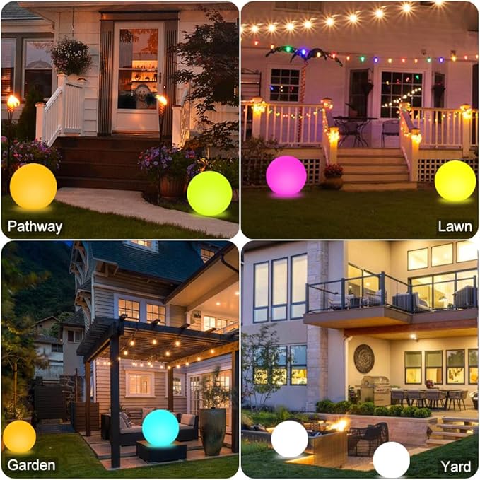14-in LED Ball Light, Rechargeable Outdoor Globes Light Dimmable RGB Color Changing Globe Floor Lamp w/Remote, Modern Versatile LED Globe Orb Lights Waterproof Glowing Orb Lamp for Home Yard Lawn Path - Bloomnest