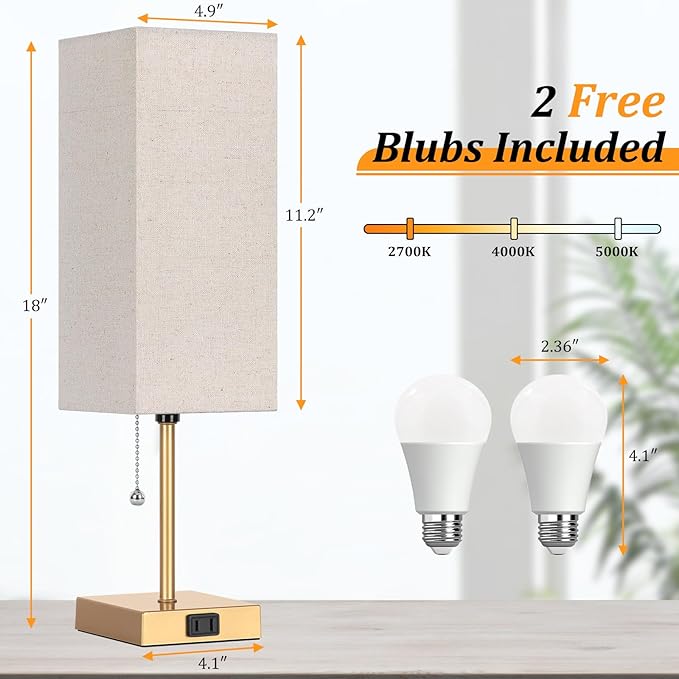 Table Lamp for Bedroom set of 2,3-Color Bedside Lamps with Pull Chain Table Lamps for Nightstand with AC Outlets,18'' Night Light Lamps with 2 Bulbs Lamps for Living Room Kids Office Decor（Glod） - Bloomnest