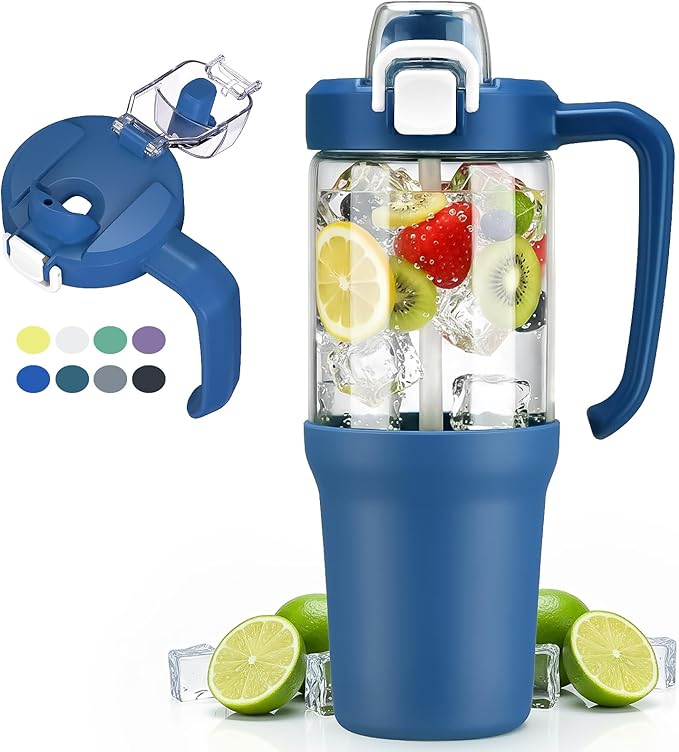 32 oz Glass Tumbler with Handle, 2-in-1 Straw and Sip Spout, Leakproof, BPA-Free Glass Water Bottle for Sports, Office, School, DBlue - Bloomnest