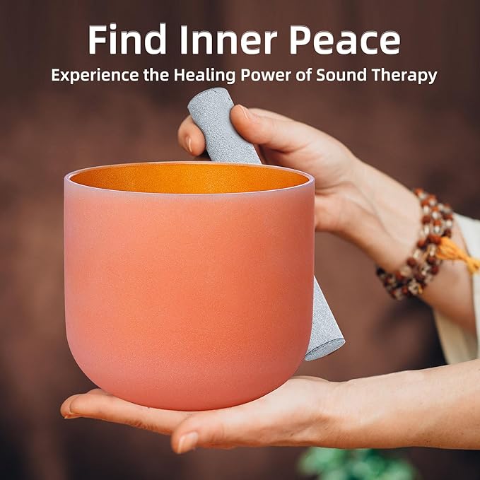 8 Inch Orange D Note 432hz Sacral Chakra Crystal Singing Bowl Healing with Carrying Case and Rubber Mallet Suede Strikers Oring - Bloomnest