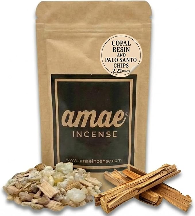 Natural Resin, Herbs & Essence Meditation Mix - Copal & Palo Santo Sacred Blend with Warm Woodsy Aroma - Loose Incense for Cleansing Rituals, Ceremonies & Home Fragrance - 2.22 oz. AmaeIncense