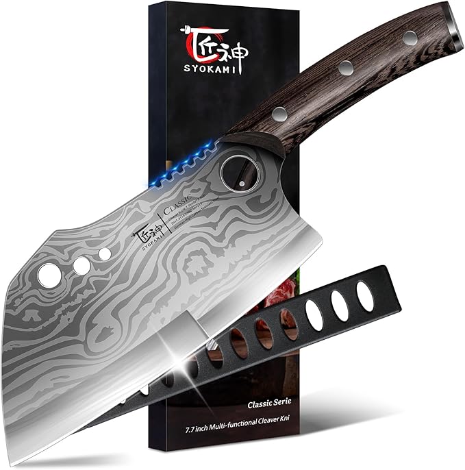 Meat Cleaver Chef Knife with Sheath, 7.7 Inch Butcher Knife with Herb Stripper, Chopping Knife Heavy Duty Bone Cutting, Damascus Pattern Full Tang Wood Handle, Birthday Gift for Men - Bloomnest