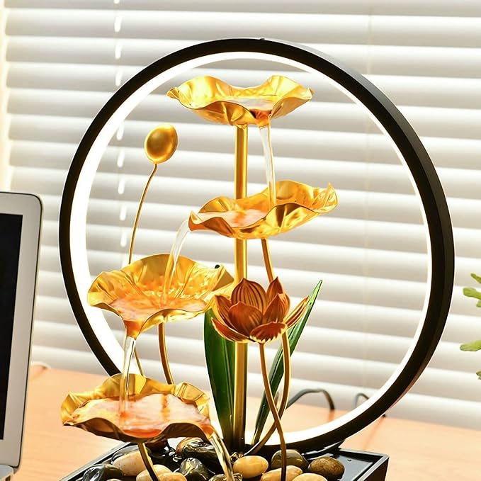 Tabletop Water Fountain Lotus Leaf Indoor Waterfall Fountain, 15 in USB Powered Tabletop Lotus Water Fountains with 1 Replacement Water Pump (Gold Large) - Bloomnest