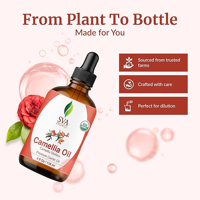 SVA Camellia Seed Oil Organic - 4 Fl Oz – 100% Natural Cold Pressed Organic Camellia Oil - for Face, Skin Care, Hair Care, Scalp Massage & Body Massage – Carrier Oil with Dropper - Bloomnest