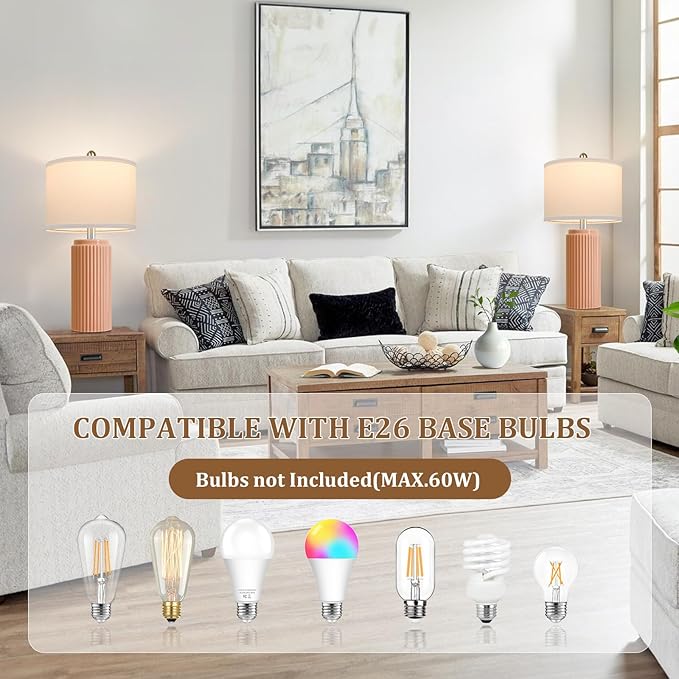 23.5’’ Orange Table Lamps for Bedroom Set of 2, Modern Ceramic Nightstand Lamps for Living Room, Retro Lamps with White Shade Set for Home Office End Table, Farmhouse Bedside Lamps for End Table Dorm - Bloomnest