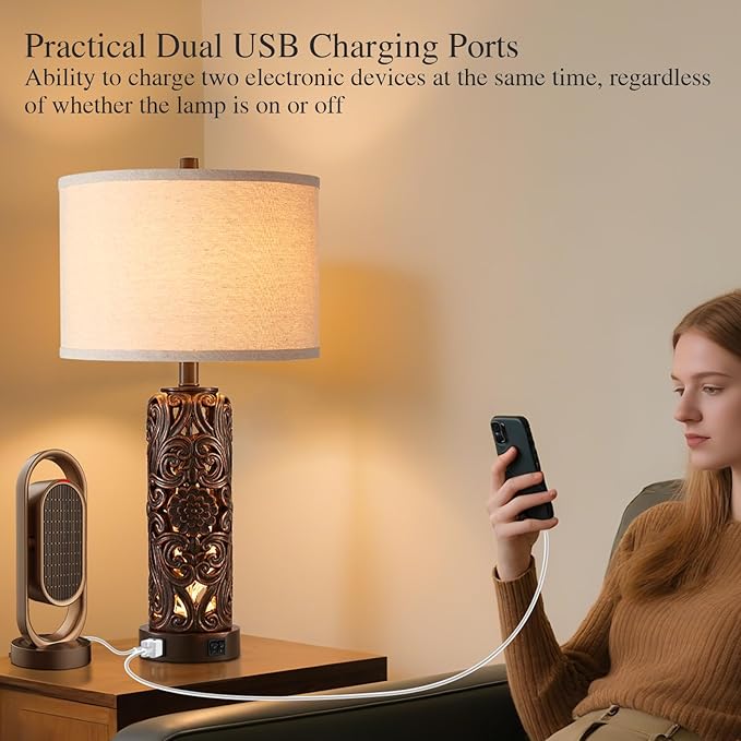 Farmhouse Table Lamps Set of 2, Vintage Lamp for Living Room and 2 USB Ports Bedside Lamp with Nightlight for Bedroom, Dark Brown Hollow Out Resin Nightstand Lamp, 2 Bulbs Included - Bloomnest
