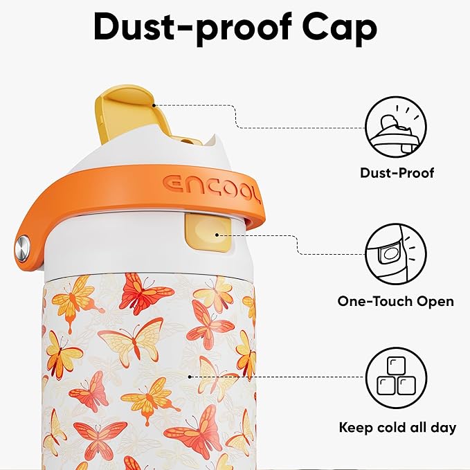 ENCOOL Leakproof Insulated Water Bottle with Straw Dual-Sip Water Bottle Bag-Safe Design for Work, Commute & Gym – Keeps Drinks Cold All Day, 24 oz, Sunset Butterflies ENCOOL