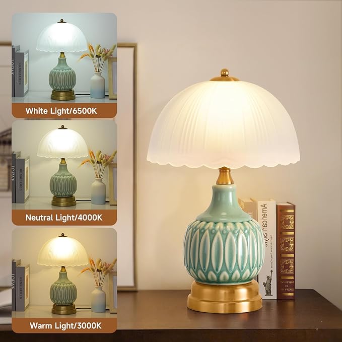 Table Lamps for Bedroom Vintage Golden Table Lamps for Bedroom Ceramic Retro Lamp for Living Room,16" Modern Bedside Nightstand Traditional Lamps, Classic Chinoiserie Green Glass Lamp for Home Decor - Bloomnest