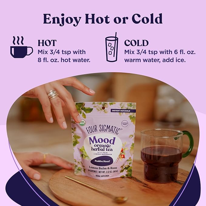 Four Sigmatic Mood Organic Herbal Tea | Enhance Emotional Well-Being with Tulsi & Reishi Tea | Calming Lemon Balm Tea w/Adaptogens | Vegan, Gluten-Free | Lemon Balm & Rose, 24 Servings - Bloomnest