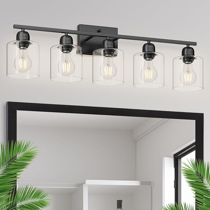 Modern 5 Light Bathroom Vanity Light, 31 inch Black Bathroom Light Fixtures with Clear Glass for Mirror Kitchen Living Room Hallway Cabinet Porch - Bloomnest
