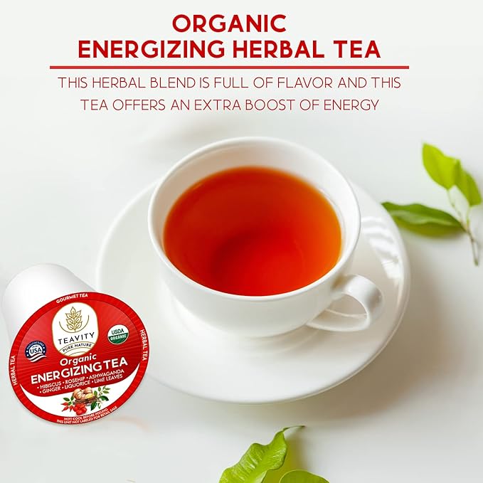 Organic Ashwagandha Tea Pods for Keurig with Ginger, Licorice, Organic Hibiscus Sabdariffa, Rosehip, & Lime - Decaf Herbal Tea - Energizing Tea by Teavity (12 Tea Pods) - Bloomnest