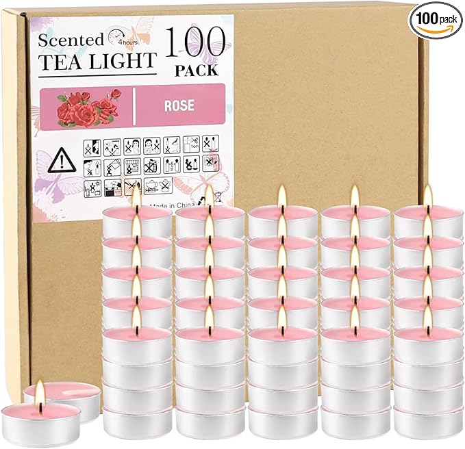 Pink Rose Scented Tealight Candles - 4 Hours - Giant 100 Bulk Packs - Smokeless Tea Lights for Valentine's Day, Weddings, Christmas, Home Decorative - Bloomnest