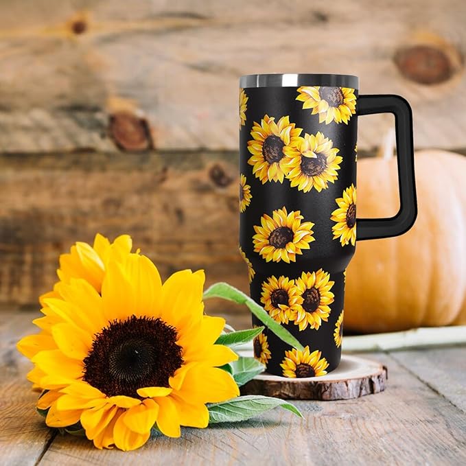 Ceovfoi Sunflower 40 oz Insulated Stainless Steel Tumbler with Handle and Straw - Bloomnest