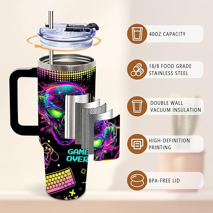 DUUV Gamer Gifts for Gamers Men Teen Boys, Gaming Gifts for Him Kids Teen Son Adults, Gaming 40 Oz Tumbler, Birthday Game Room Decor, Cool Insulated Cup for Christmas Thanksgiving - Bloomnest