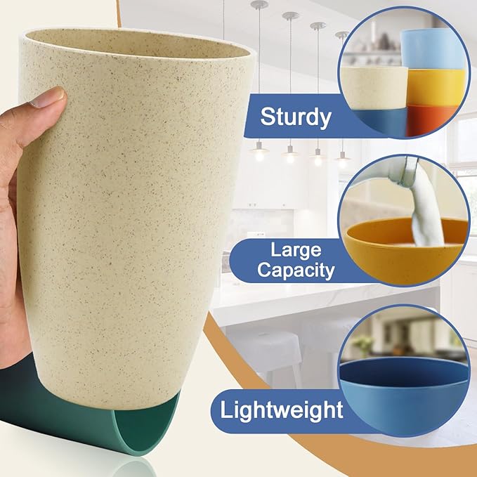Wheat Straw Cups 20 OZ Large Capacity Set of 6, Unbreakable Drinking Cups Reusable, Alternative to Plastic Cups Reusable, Dishwasher Safe Water Tumblers (Multicolor) - Bloomnest