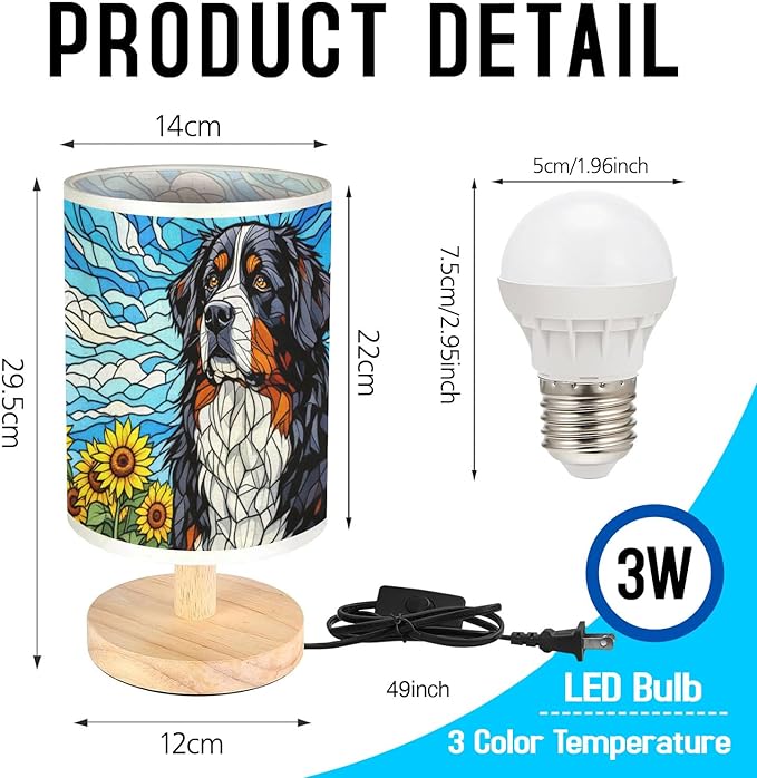 Bernese Mountain Table Lamp LED 3-Color Pressed Bedside, Dog Shade Lamp with Wood Base for Bedroom Living Room Desk Office - Bloomnest