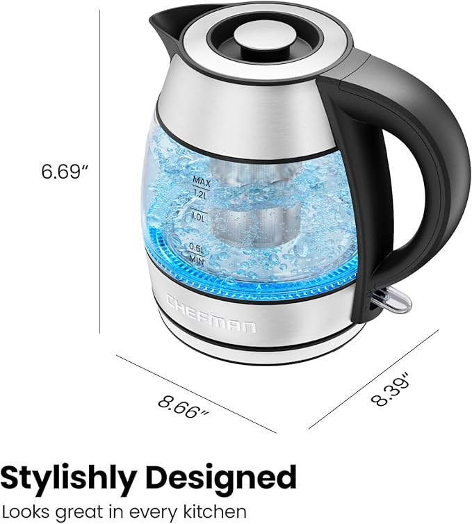 CHEFMAN Electric Kettle - 1.2L 1500W Hot Water Tea Pot with Infuser, BPA Free, Auto Shut Off, Boil-Dry Protection, Removable Lid, LED Light, Cordless Glass Electric Tea Kettle – Stainless Steel - Bloomnest