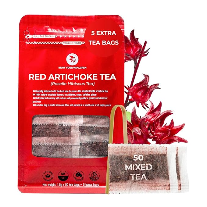 INJOY YOUR VITALGRI:N Roselle Hibiscus Tea Bags - 55 Count (+5 Tea Bags), Bamboo Tong Included - 4.16 oz, Re-Steep Red Artichoke Tea Herbal Blend, Vitamin A, C, D, Detox, Support, Atiso - Bloomnest