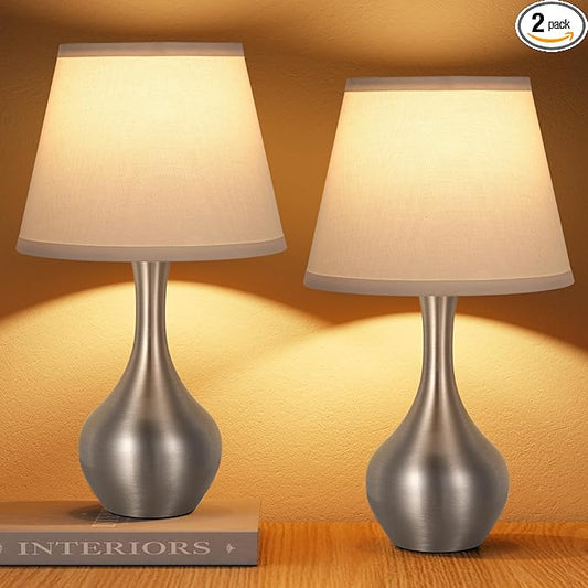Seealle Touch Table Lamps for Bedroom Set of 2,3-Way Dimmable Small Bedside Lamps for Night Stands with Wires, Silver Desk Lamps for Kids Room,Office,Living Room, End Table(LED Bulbs Included) - Bloomnest